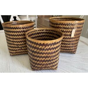 NWT‎ 3 Vtg Wicker Rattan Woven Baskets Nesting Planters 1970s Boho ZigZag New